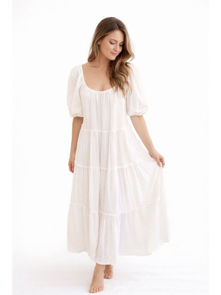 Antonio Melani White Tiered Romantic Cottage Core Maxi Dress Puff Sleeves Women